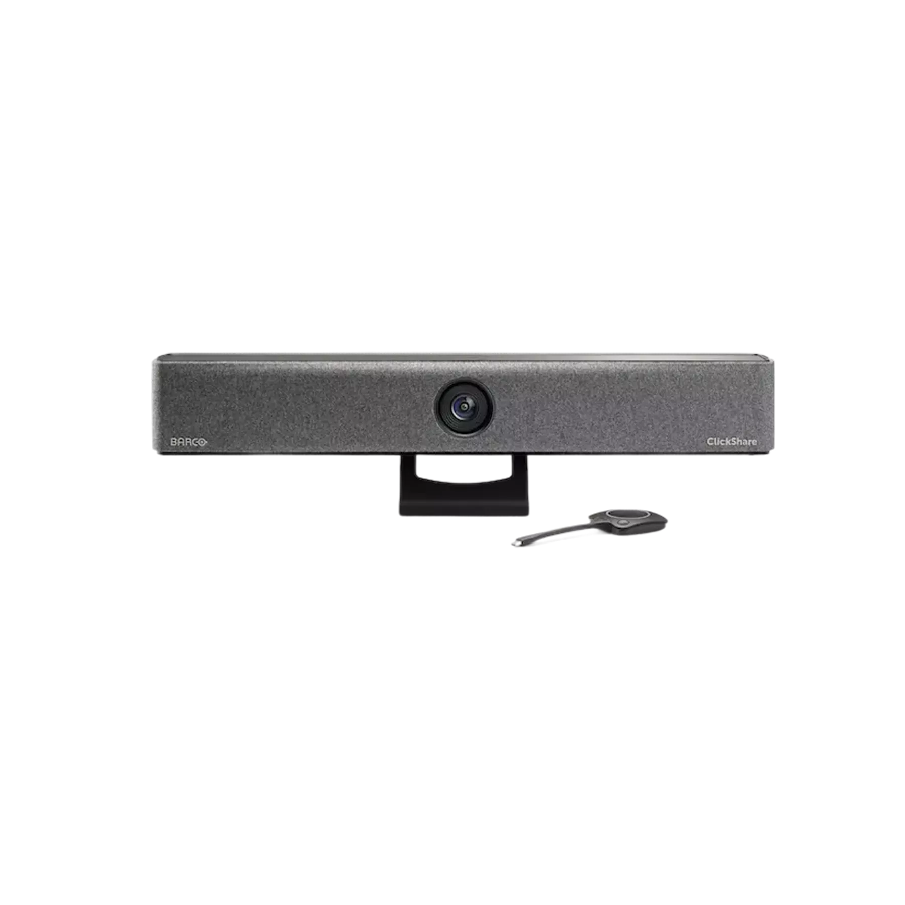 Barre de visioconférence professionnelle Barco ClickShare avec télécommande sans fil. Ce périphérique haut de gamme offre une solution complète pour les réunions hybrides avec caméra HD intégrée et design compact adapté aux espaces de travail modernes.