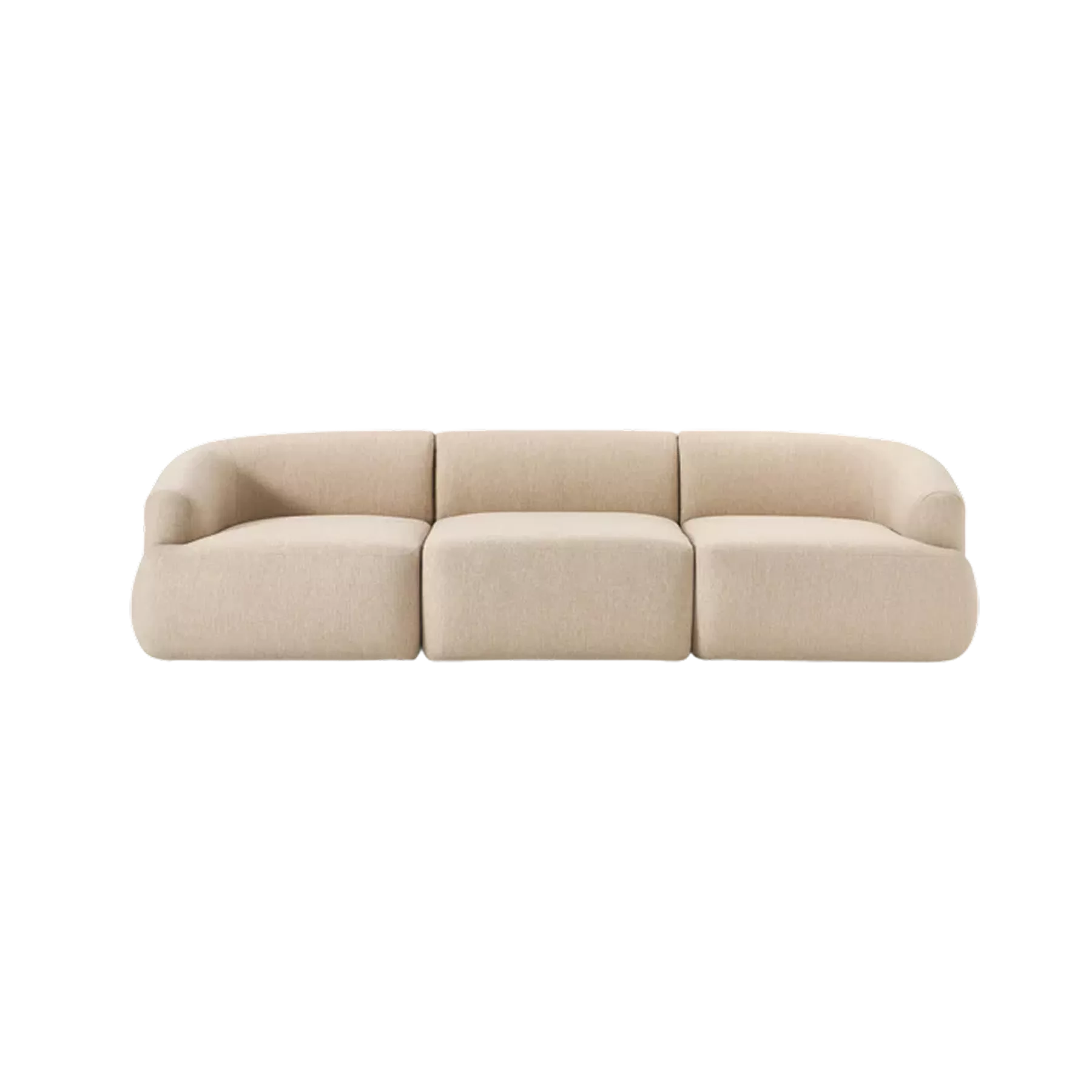 Canapé moderne trois places au design minimaliste avec formes arrondies et rembourrage généreux, revêtu d'un tissu beige clair texturé. Son style épuré et ses lignes fluides s'intègrent parfaitement dans un intérieur contemporain.