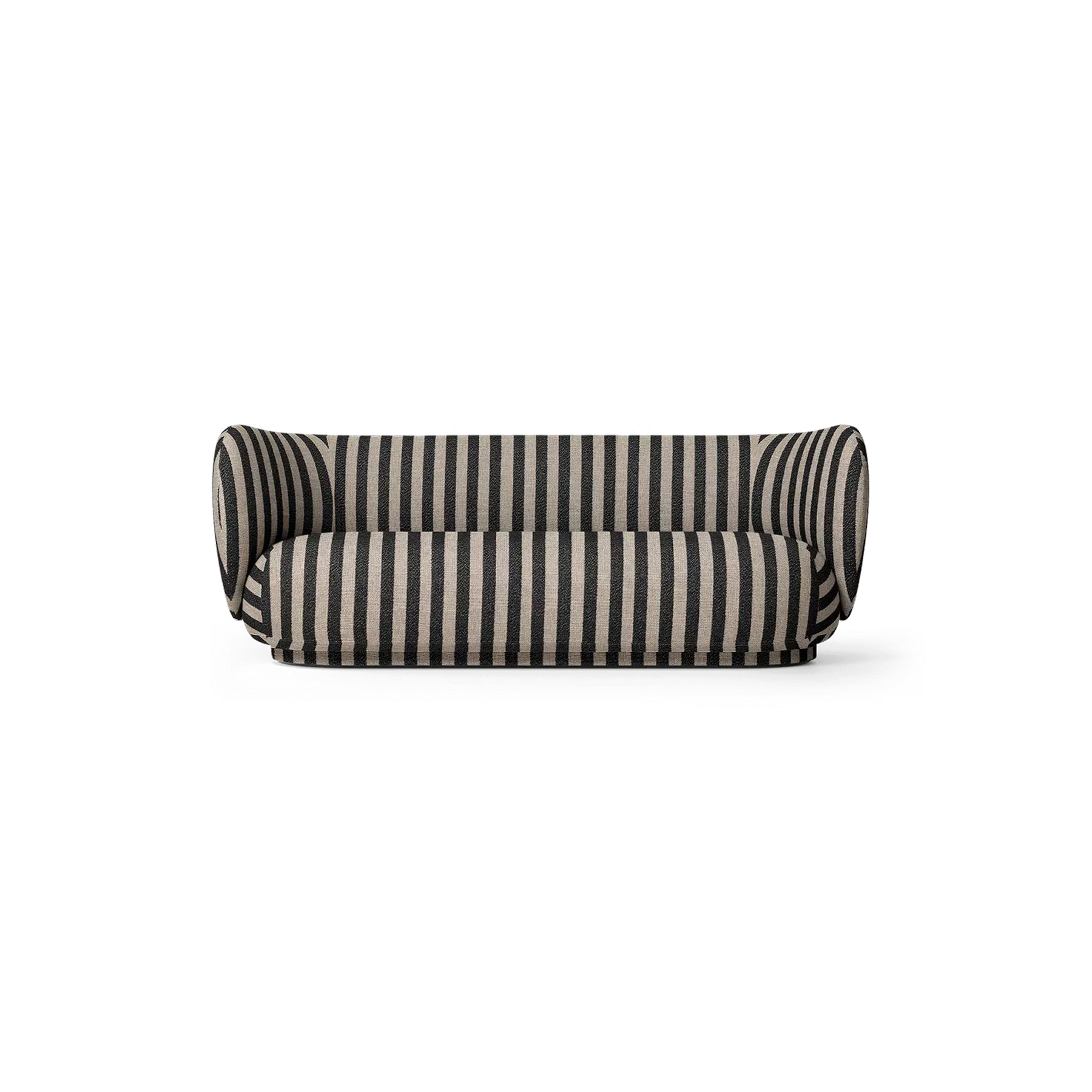 Canapé compact à rayures noir et beige au design rétro avec accoudoirs enveloppants. Le motif à rayures verticales apporte une touche graphique élégante tout en conservant une esthétique intemporelle pour un salon distingué.