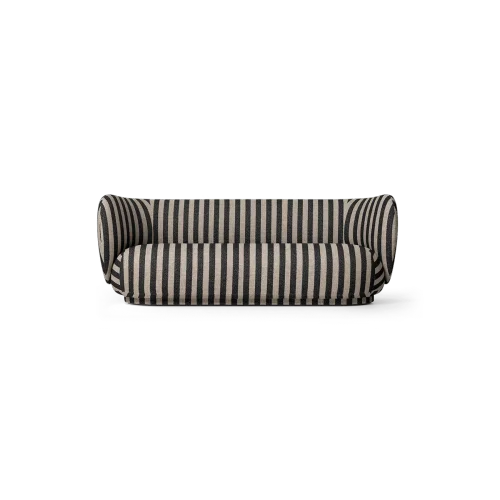 Canapé compact à rayures noir et beige au design rétro avec accoudoirs enveloppants. Le motif à rayures verticales apporte une touche graphique élégante tout en conservant une esthétique intemporelle pour un salon distingué.