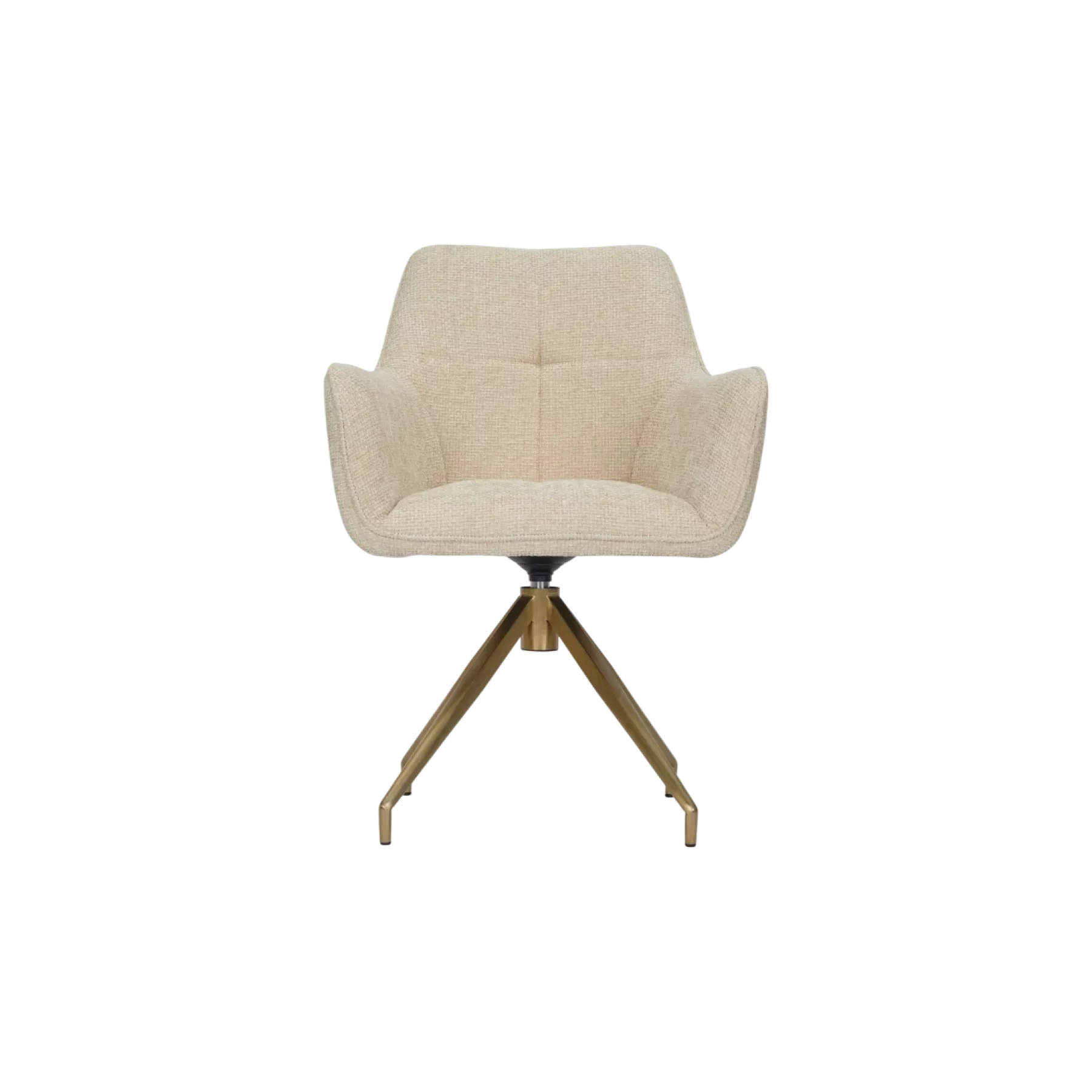 Fauteuil pivotant design avec assise en tissu beige clair et structure inférieure en métal doré. Le dossier ergonomique et les accoudoirs sculptés offrent un confort optimal, parfait comme chaise de bureau ou d'appoint dans un salon moderne.