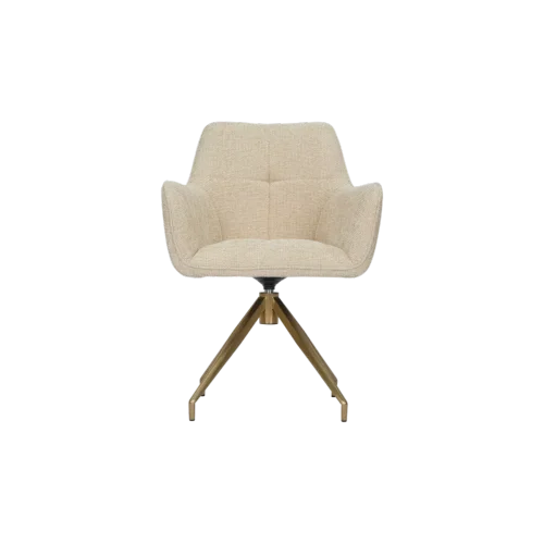 Fauteuil pivotant design avec assise en tissu beige clair et structure inférieure en métal doré. Le dossier ergonomique et les accoudoirs sculptés offrent un confort optimal, parfait comme chaise de bureau ou d'appoint dans un salon moderne.