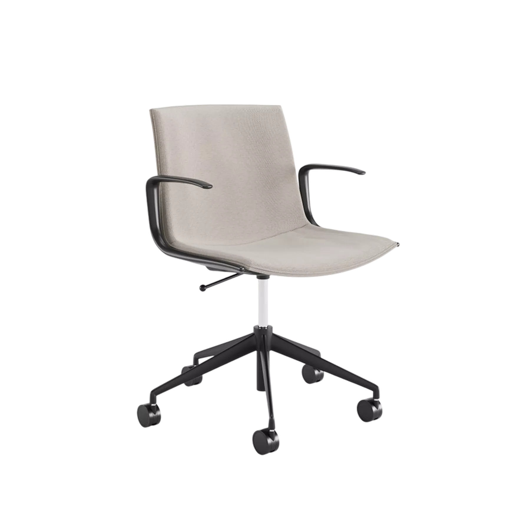 Chaise de bureau ergonomique moderne avec revêtement en tissu beige clair, structure minimaliste et accoudoirs noirs élégants. Base à roulettes sur piètement étoile noir, offrant mobilité et confort optimal pour les espaces de travail contemporains.