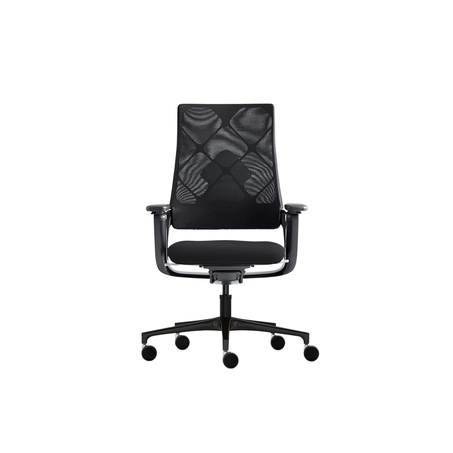 Fauteuil de bureau ergonomique haut de gamme avec dossier en maille respirante noire et assise rembourrée. Structure robuste avec accoudoirs réglables et base à cinq roulettes pour une mobilité fluide, idéal pour les longues sessions de travail.