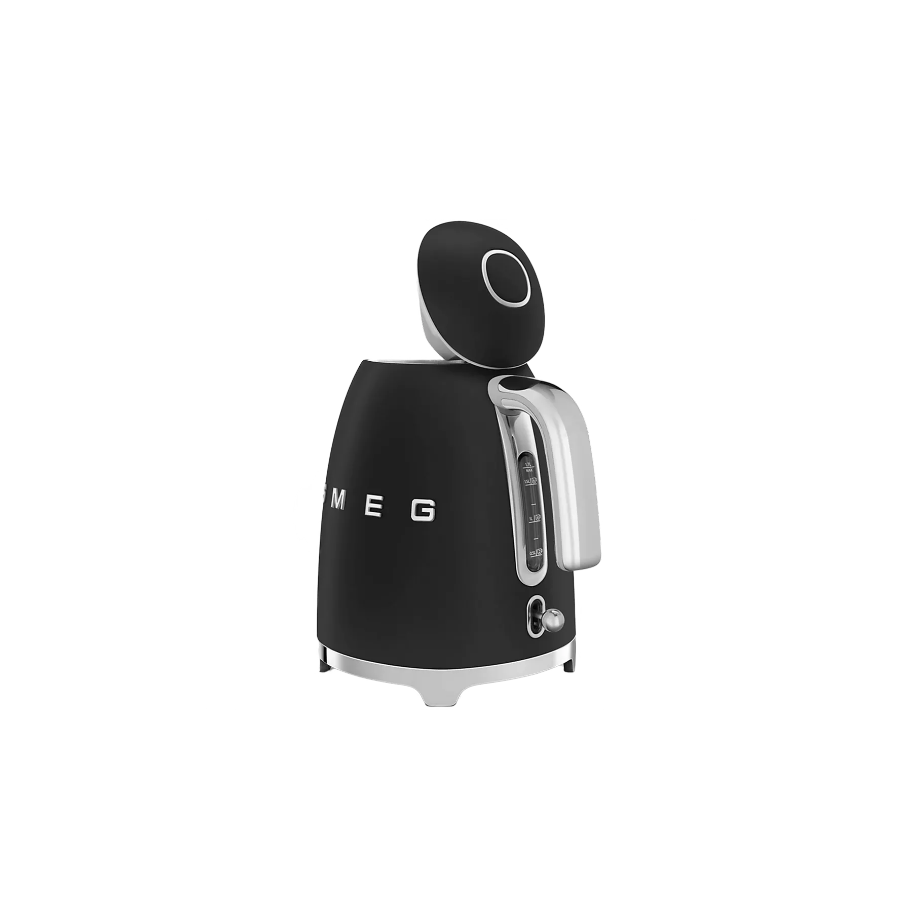 Bouilloire électrique design SMEG noire mate avec finitions chromées. Son esthétique rétro-futuriste s'inspire des années 50 tout en intégrant des technologies modernes pour une utilisation quotidienne efficace dans une cuisine contemporaine.