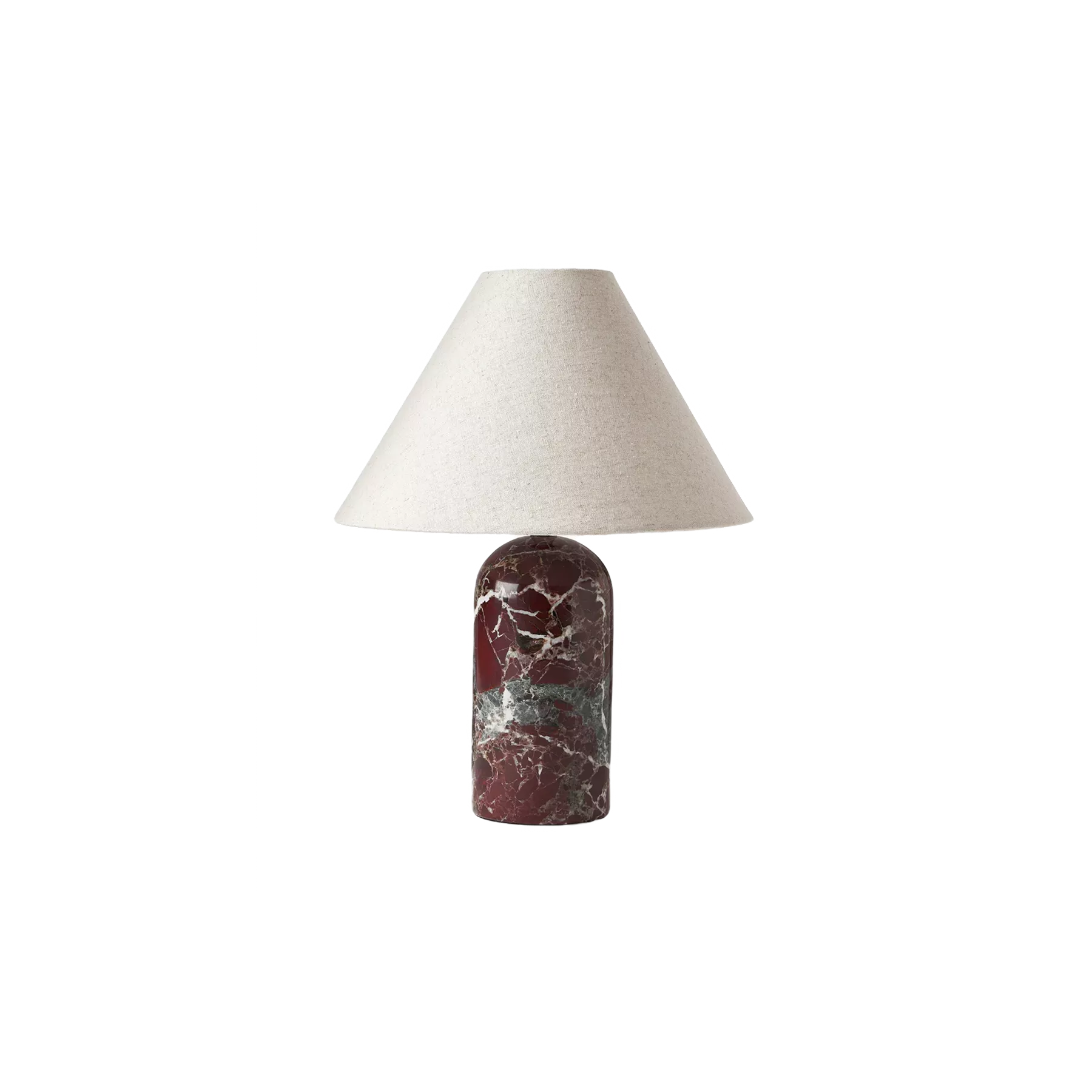 Lampe de table avec base en marbre rouge veiné et abat-jour conique en tissu beige clair. Ce luminaire contemporain marie noblesse des matériaux et simplicité des lignes pour créer un éclairage d'ambiance chaleureux et sophistiqué.