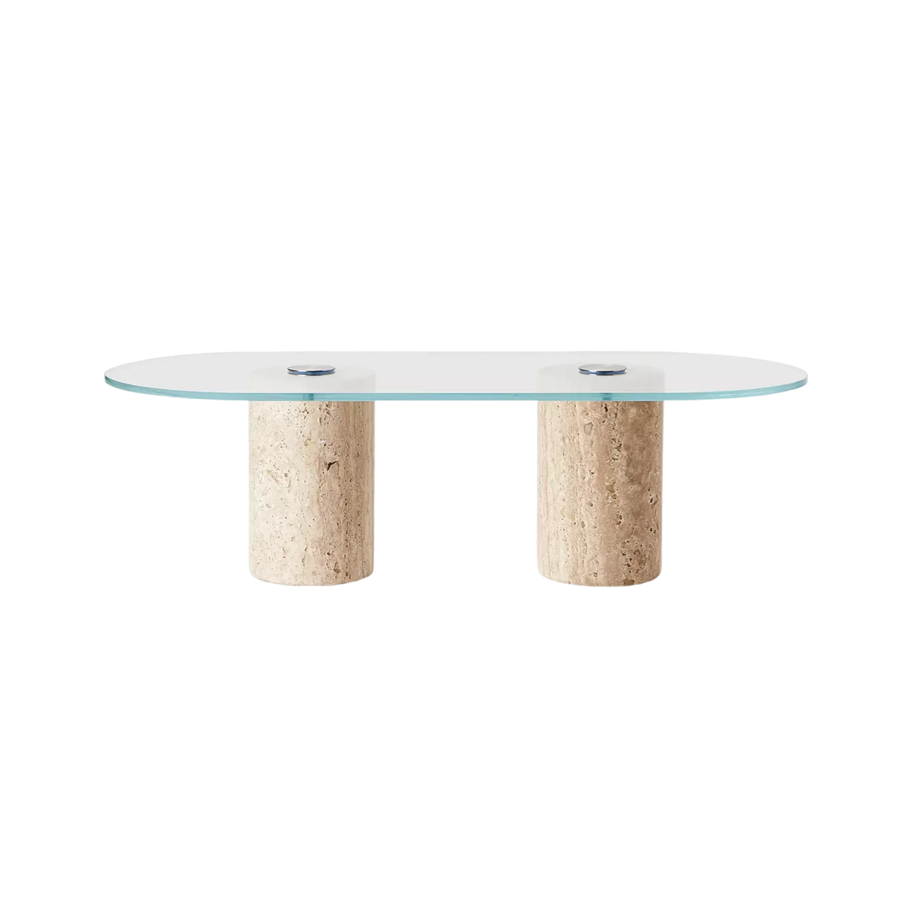 Table basse ovale avec plateau en verre transparent et deux pieds cylindriques en pierre calcaire naturelle. L'association des matériaux crée un effet de légèreté visuelle tout en apportant une touche minérale luxueuse au salon.