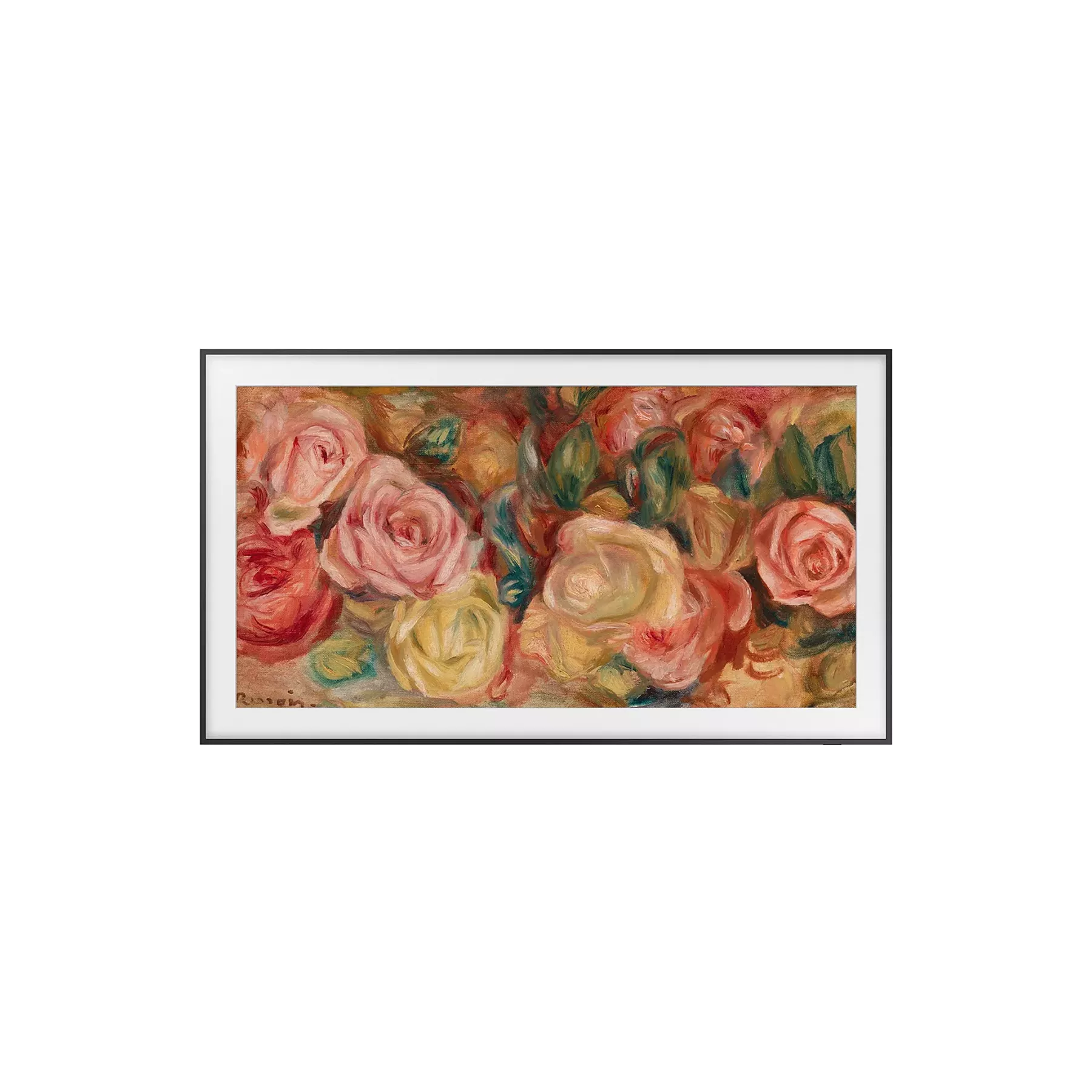 Reproduction encadrée d'une peinture impressionniste représentant un bouquet de roses aux teintes douces. L'œuvre, présentée dans un cadre noir fin avec passe-partout blanc, apporte une touche romantique et colorée à n'importe quel mur.