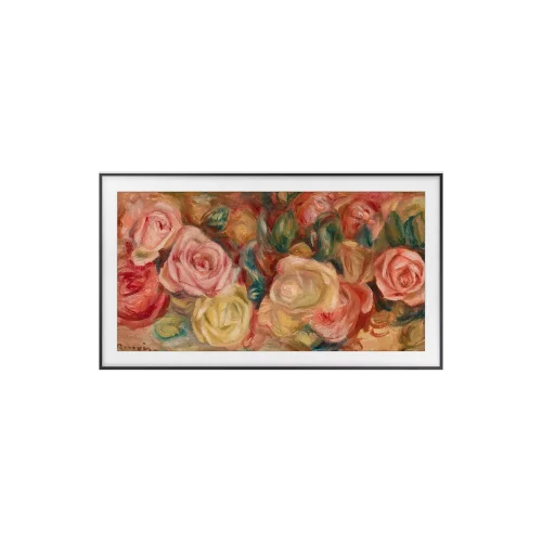 Reproduction encadrée d'une peinture impressionniste représentant un bouquet de roses aux teintes douces. L'œuvre, présentée dans un cadre noir fin avec passe-partout blanc, apporte une touche romantique et colorée à n'importe quel mur.